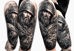 Full Leg sleeve of the battle of 300 tattoo idea