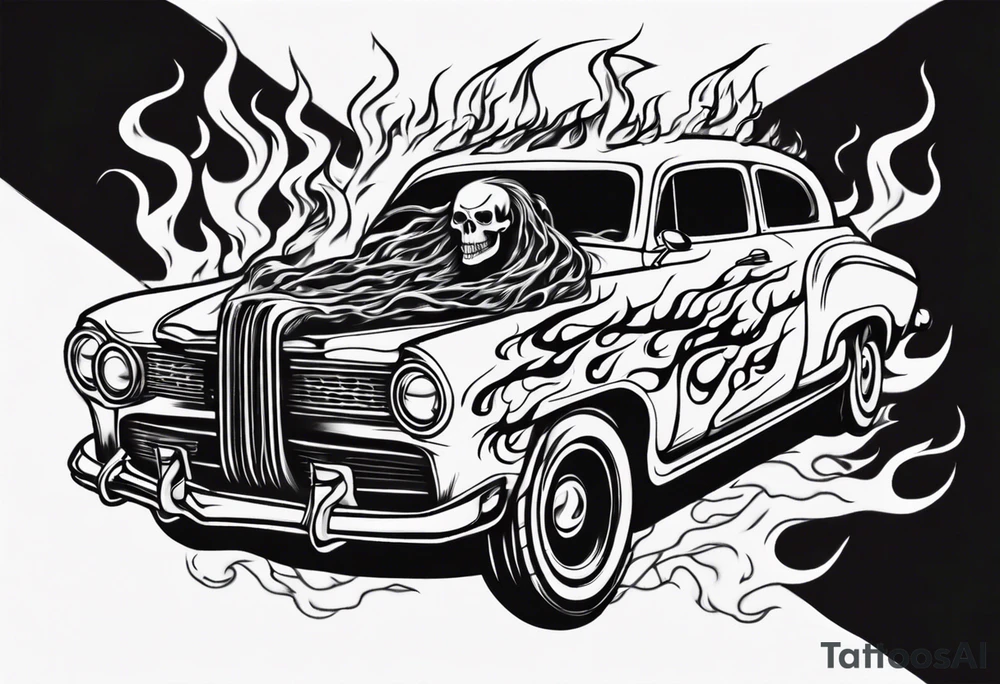 An old vintage car with flames coming out of the hood and a skeleton head at the top of the flames tattoo idea