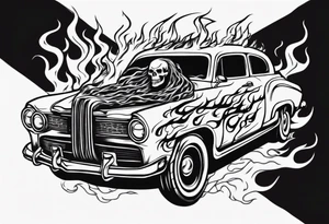 An old vintage car with flames coming out of the hood and a skeleton head at the top of the flames tattoo idea