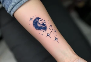 A deep navy lion rests in profile, with each star of the Leo constellation tattooed in radiant silver along its spine. tattoo idea