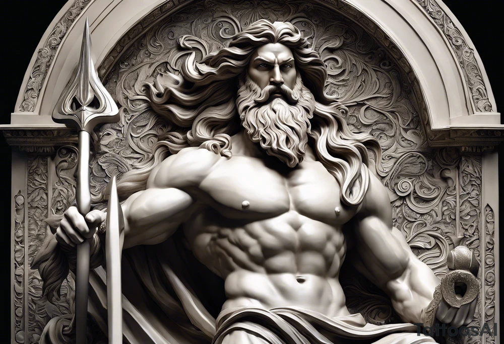 Poseidon is shown in a powerful and commanding pose, with intricate details highlighting his muscular physique and regal presence. His long, flowing beard and hair are depicted with meticulous shading, giving them a lifelike texture. The god’s eyes are intense and penetrating, capturing his divine authority.

He holds his iconic trident, detailed with sharp, defined prongs and intricate designs along the handle. The trident is positioned prominently, symbolizing his dominion over the oceans. His skin is rendered with lifelike textures, and the flowing elements of his hair and beard suggest movement, as though caught in a gust of wind.

The background is kept minimalistic and clean, focusing solely on Poseidon and his trident, allowing the detailed depiction of the god himself to stand out. The use of shadows and highlights enhances the three-dimensional effect, bringing out the strength and majesty of Poseidon in a strikingly realistic manner. tattoo idea