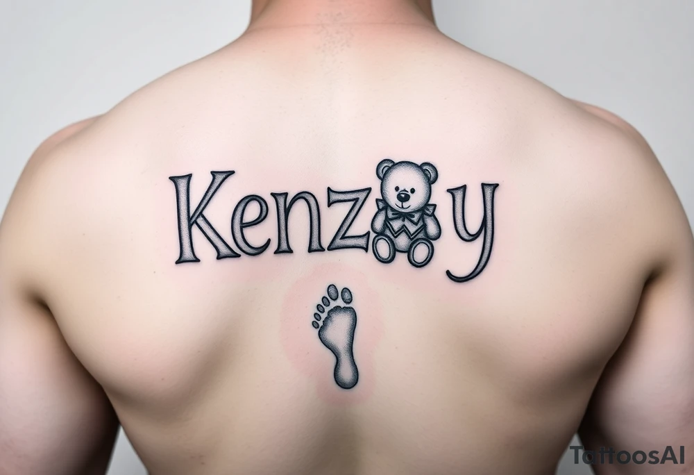 Kenzley in baby letter blocks, girl, teddy bear, baby foot print tattoo idea