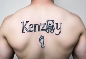 Kenzley in baby letter blocks, girl, teddy bear, baby foot print tattoo idea