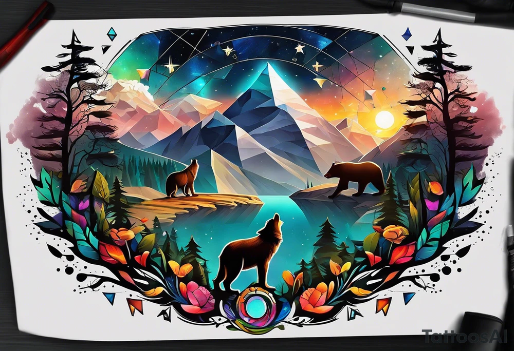 Create a sleeve tattoo from shoulder to wrist. The design should include space, stars, forest, sunset, mountains, cliffs, waterfall, water, ocean, wild animals (bear, wolves, elephant), and inserts of triangles and geometric figures. I have two children – a son, Sergei (the eldest), and a daughter, Anna, who live with me and my wife. But I also have another daughter, Marianna, whom I haven't seen for a long time and eagerly await to meet. The tattoo should symbolize love and protection for my children and family, the desire to secure their future, and confidence in tomorrow. It should reflect the notion of not looking back, but always moving forward and achieving goals! tattoo idea