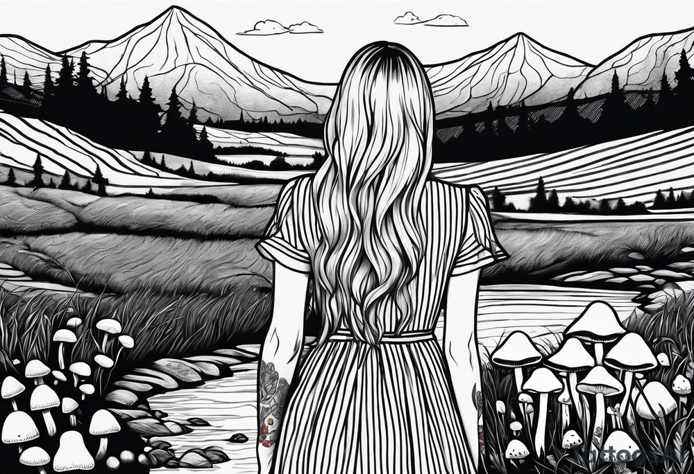 Straight long blonde hair girl in distance holding mushrooms in hand facing away toward mountains and creek surrounded by mushrooms black and white striped dress tattoo idea