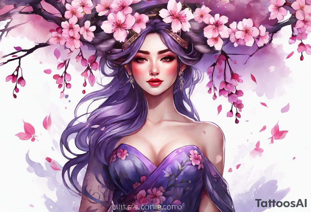 Flower crown pink and purple cherry blossoms huge tattoo idea