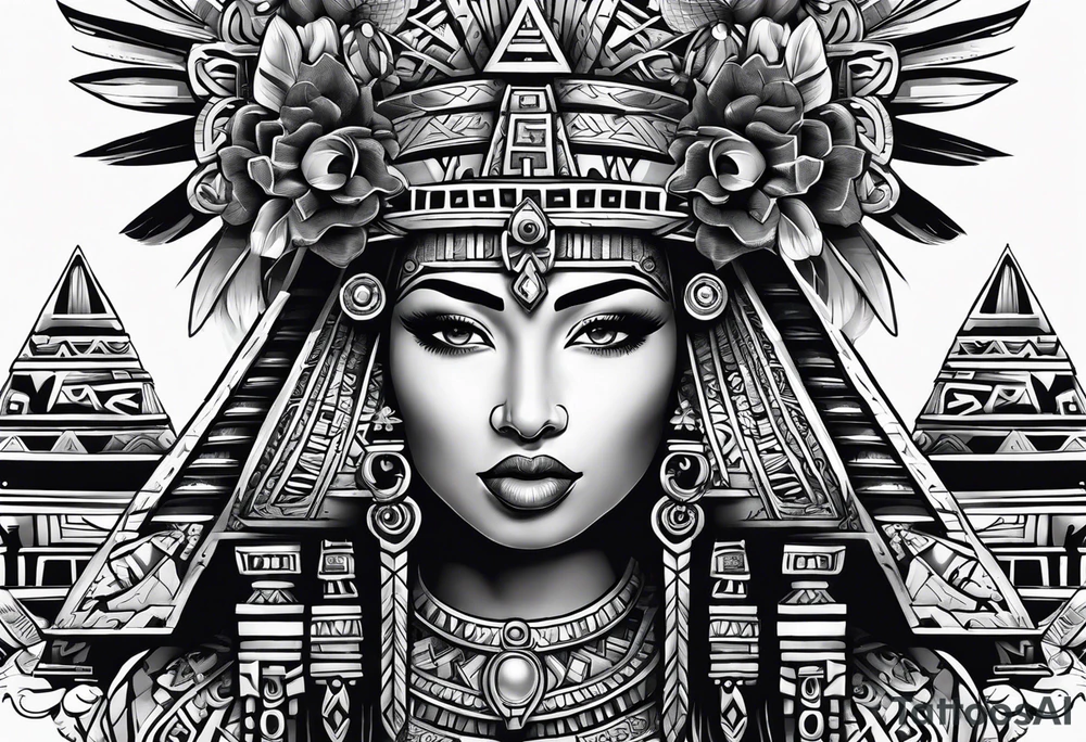 Aztec princess, mayan pyramid ollin symbol tattoo idea