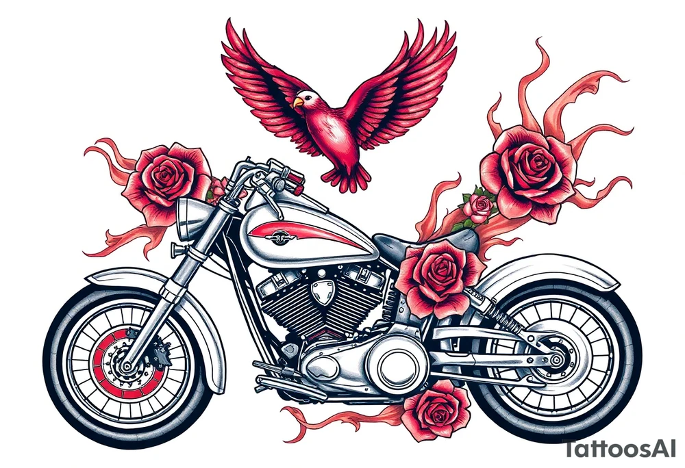Motorcycle, red bird flying, roses and lace, flames tattoo idea