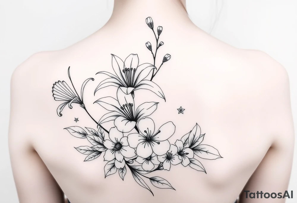 spider lilies with cherry blossoms and spider plant in a floral wrap on the arm tattoo idea