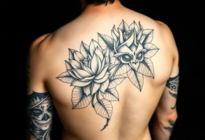 Full arm sleeve men’s lotus flower and leaves with Venetian masks tattoo idea