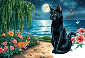 Night time. Ocean.  weeping willow garden with roses and liles flower beds. fantasy creatures, fairies, mermiads, dragons butterflies,  cat paw prints path in dirt. Black cat and orange cat tattoo idea