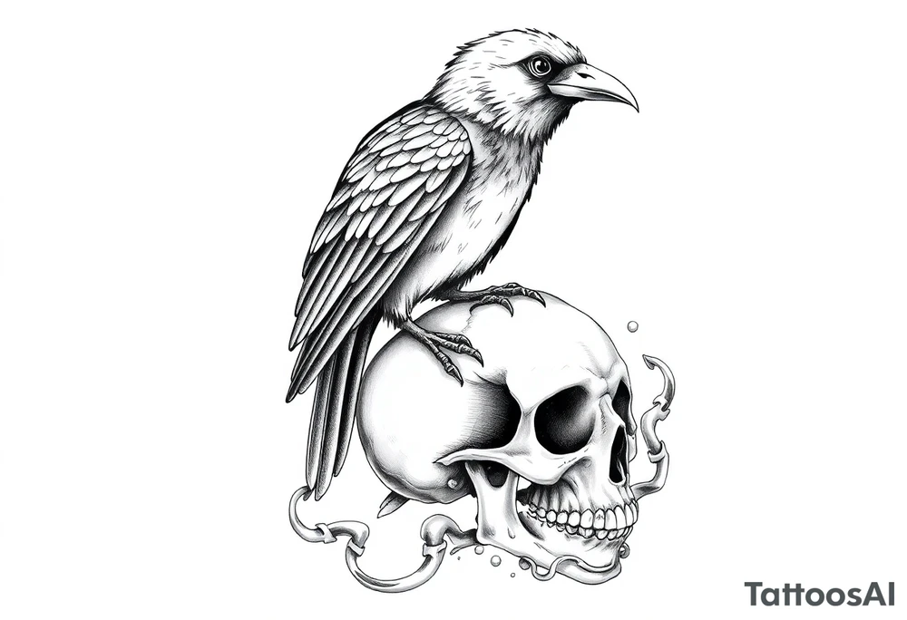 crow perched on skull tattoo idea