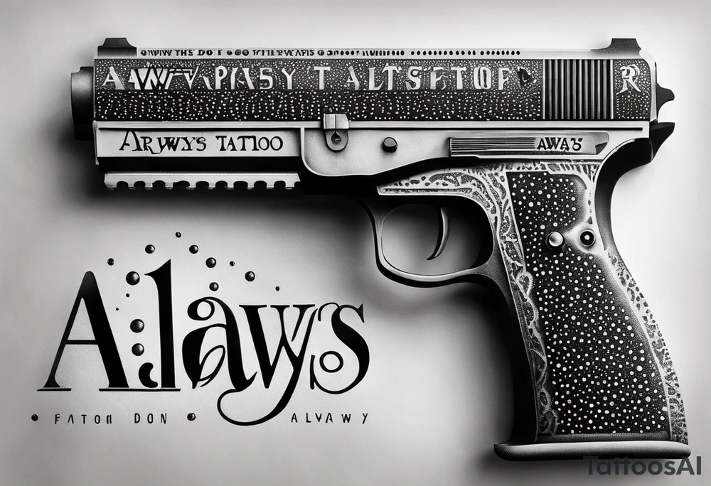 The letters AR with a pistol on each side and the word always on the top and ready on the bottom tattoo idea