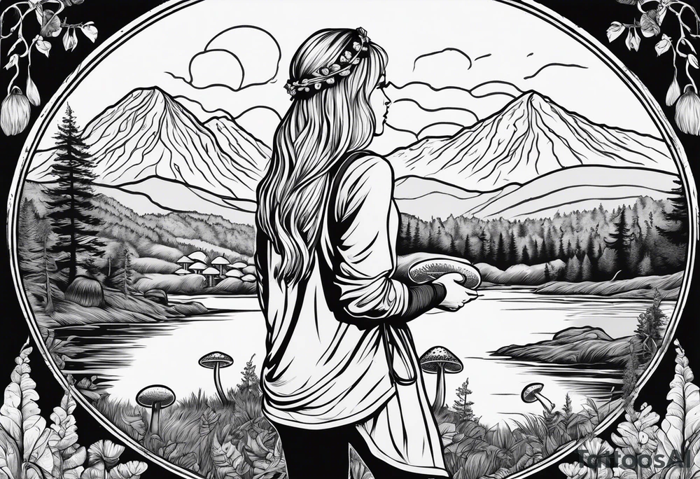 Whole picture encircled fully

Straight long blonde hair hippie girl in distance holding mushrooms in hand facing away toward mountains and creek surrounded by mushrooms long sleeve shirt and hiking pants; whole rendering within a full circle, no cut off circle tattoo idea