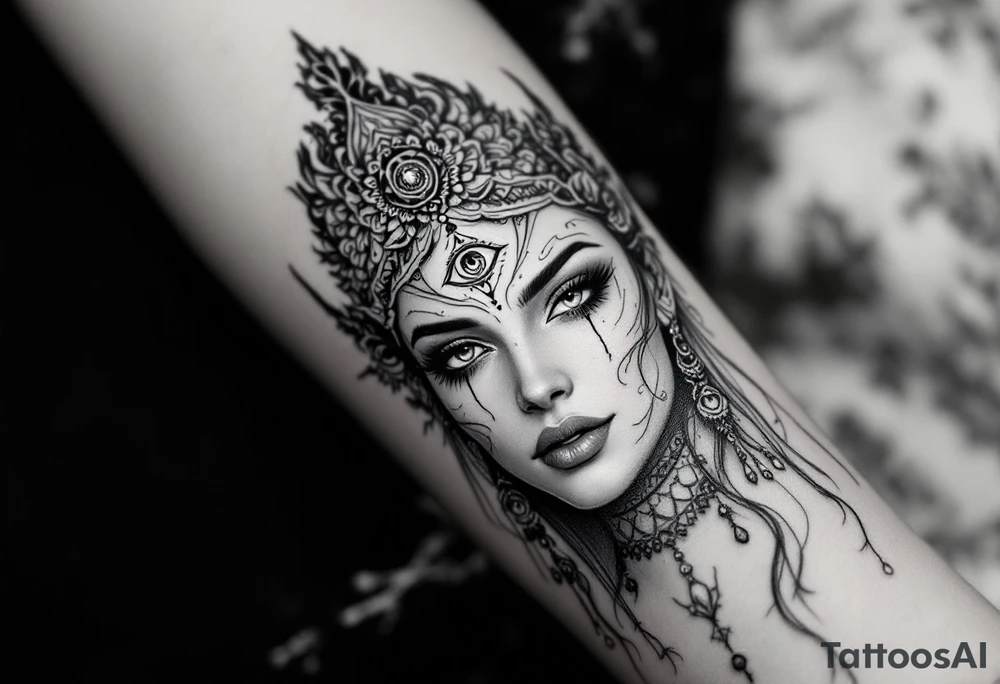 beautiful woman dmt deity with 3rd eye open tattoo idea