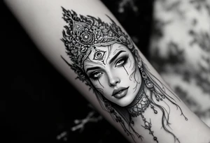 beautiful woman dmt deity with 3rd eye open tattoo idea