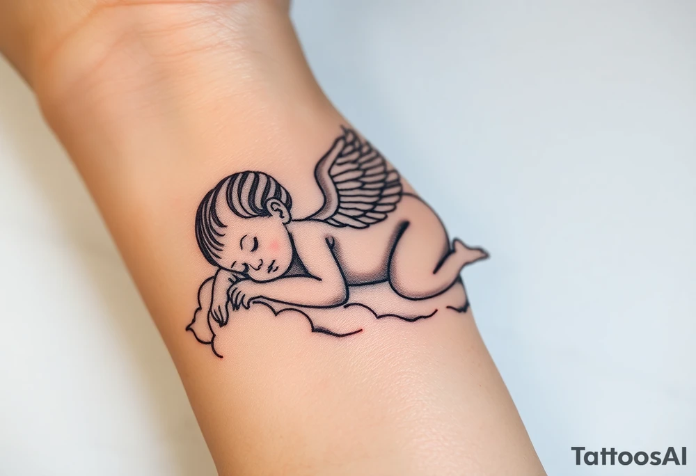 Sleeping Winged baby, laying on the clouds tattoo idea