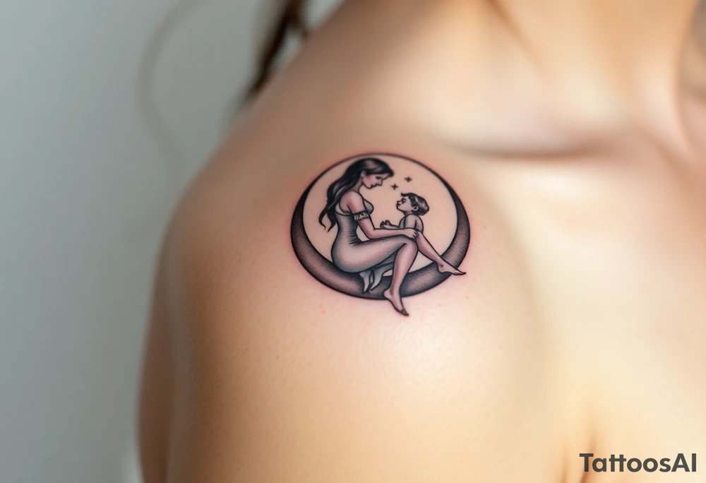 A mother and child sitting on a crescent moon tattoo idea