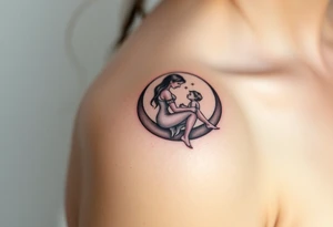 A mother and child sitting on a crescent moon tattoo idea