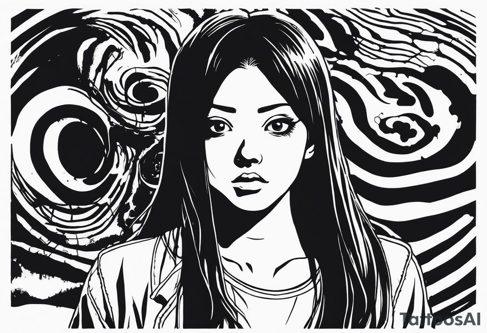 portrait of tomie standing up a character by the horror manga author junji ito full body standing murderously. add more horror and gore elements tattoo idea