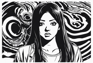 portrait of tomie standing up a character by the horror manga author junji ito full body standing murderously. add more horror and gore elements tattoo idea