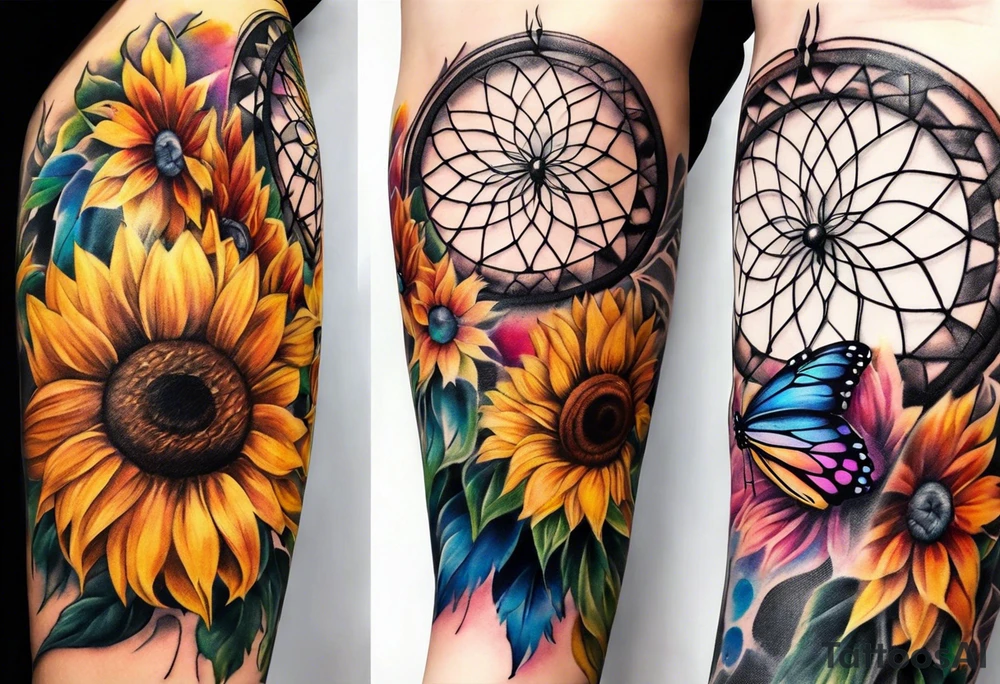 arm sleeve with dreamcatcher, rainbow sunflowers and one butterfly tattoo idea