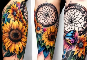 arm sleeve with dreamcatcher, rainbow sunflowers and one butterfly tattoo idea