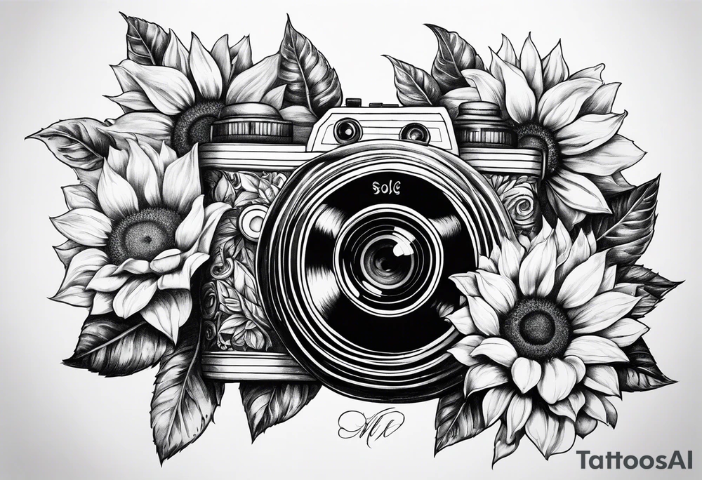 sunflower, camera, flower rose , book tattoo idea
