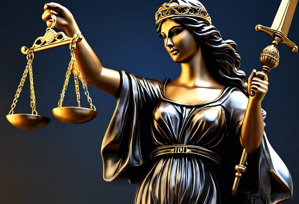 Lady Justice, 
Blindfold: Symbolizes impartiality, indicating that justice should be administered without bias, regardless of identity, wealth, power, or status.
Scales: Represent the weighing of evidence and arguments, ensuring a balanced and fair verdict.
Sword: Signifies the enforcement of justice and the authority to make decisions that can have powerful consequences.
In this depiction, Lady Justice is shown with black hair, which is a unique artistic choice compared to the more traditional representations. The scales, blindfold, and sword are all present, adhering to the classic iconography but with a modern and colorful twist. blue roses frames, background blue,present it in a tattoo tattoo idea
