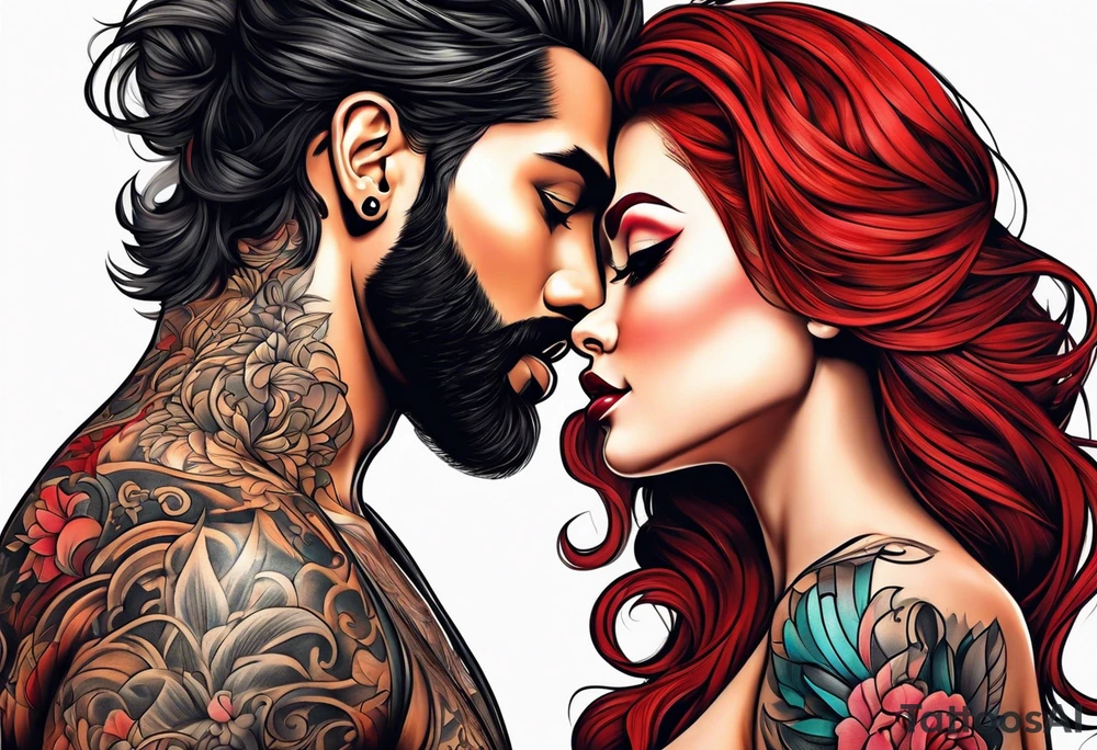 Busty red hair woman with bearded black hair man tattoo idea