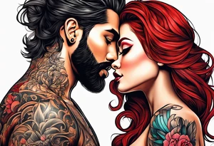 Busty red hair woman with bearded black hair man tattoo idea