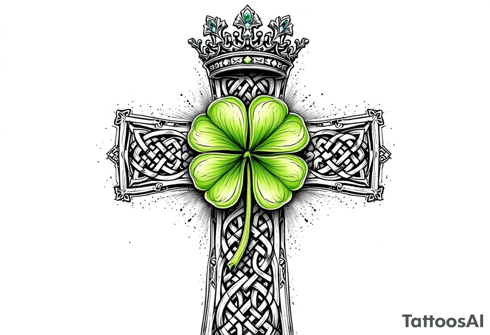 Celtic cross tattoo featuring intricate knotwork patterns along the arms and base of the cross. At the heart of the cross, place a vibrant four-leaf clover, its leaves shaded with subtle gradients of green, symbolizing luck and unity. Above the cross, incorporate a regal crown adorned with ornate details, such as small gemstones or filigree, to signify authority and strength. The entire composition should have a balanced, harmonious feel, with the textures and shading creating a sense of depth and dimension. Surround the design with a faint aura or subtle accents, like soft wisps of light, to add a spiritual and mystical quality tattoo idea