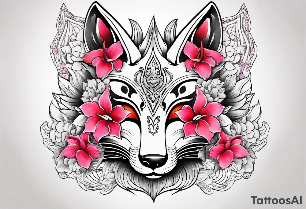 White japanese mask that looks like a kitsune with red accents and pink hibiscus flowers tattoo idea