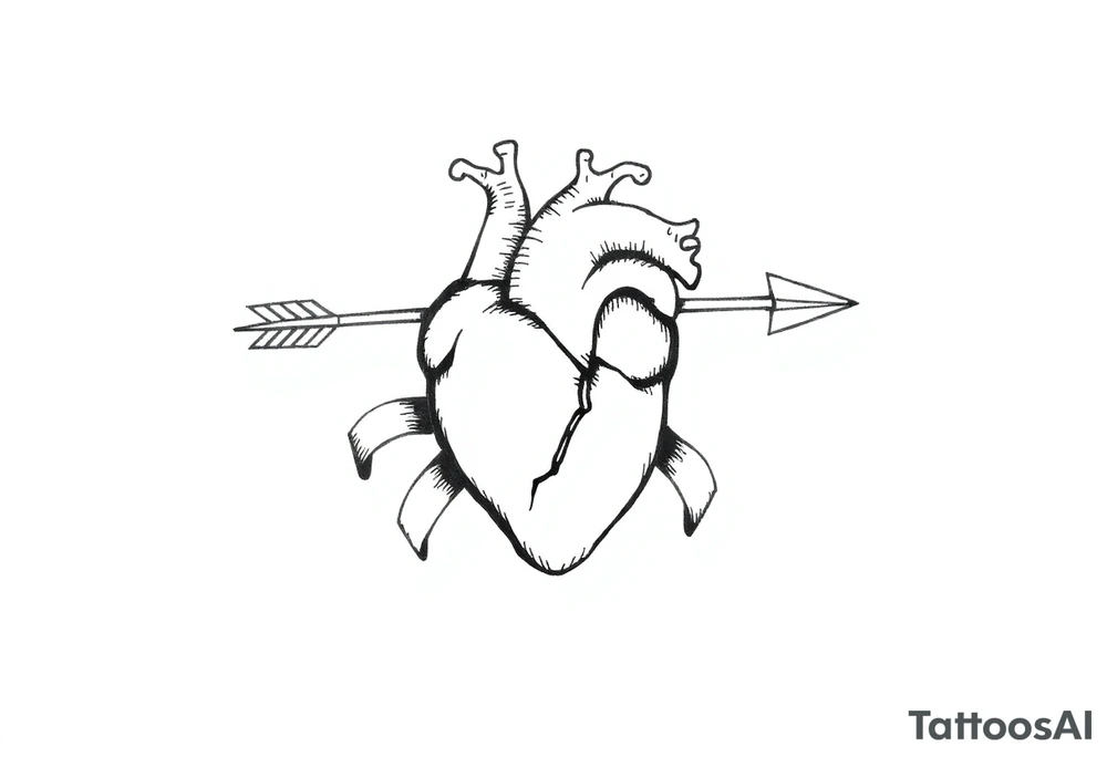 anatomical heart pierced by ornate arrow with flowing ribbons tattoo idea