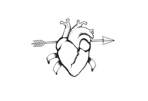 anatomical heart pierced by ornate arrow with flowing ribbons tattoo idea