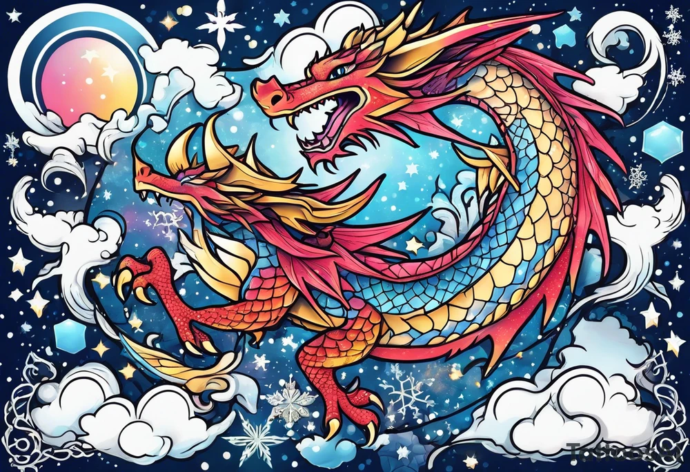 Constellation, kawaii dragon, snowflake tattoo idea