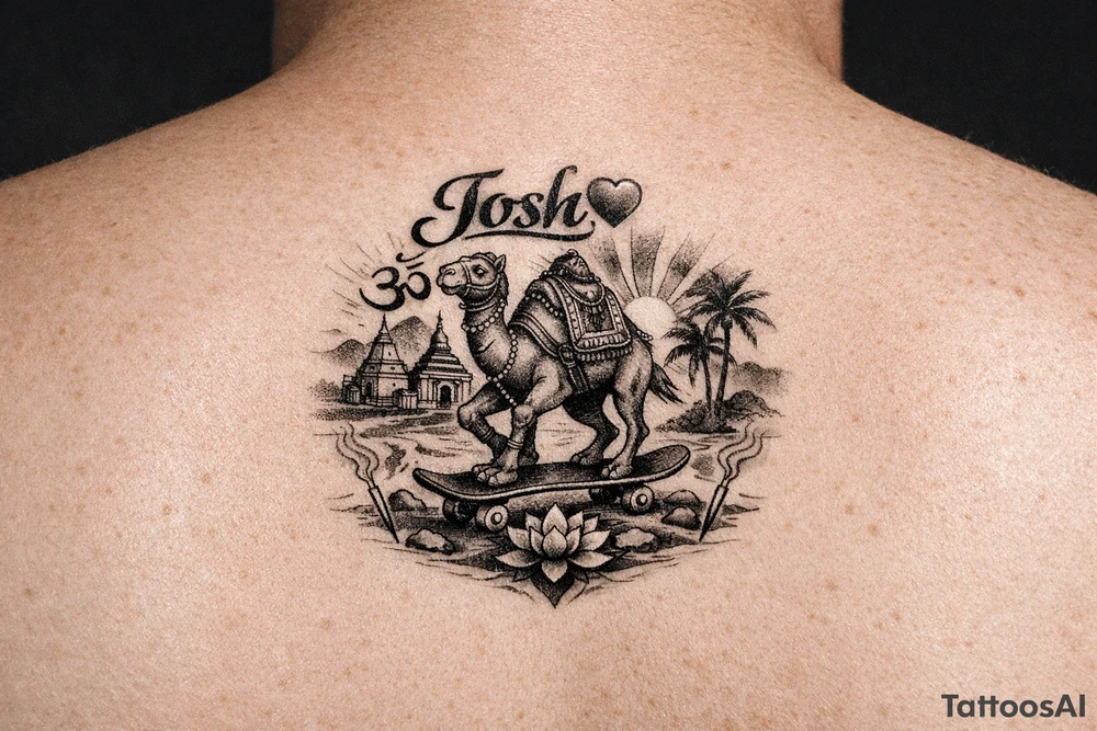 The name, Josh🩵, a Hindu camel skateboarding calmness tattoo idea