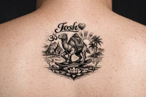 The name, Josh🩵, a Hindu camel skateboarding calmness tattoo idea