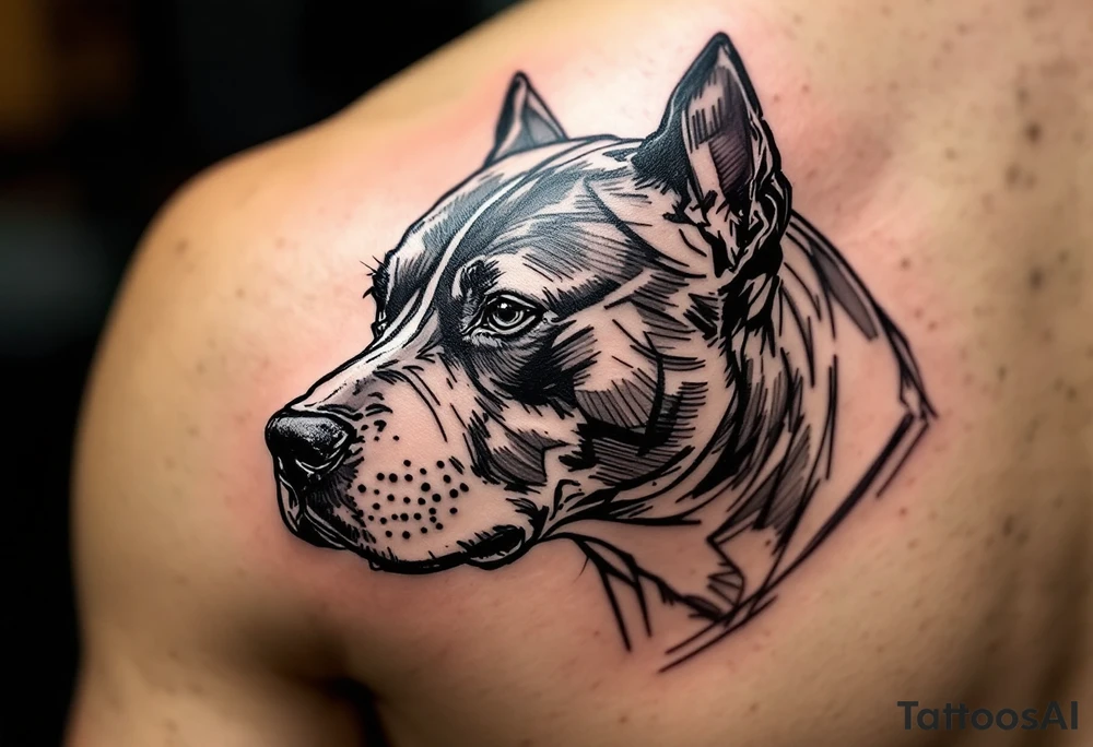 Sketched Stafford – A loose, hand-drawn sketch style of a Staffordshire Bull Terrier side profile in charcoal black and light gray strokes. tattoo idea