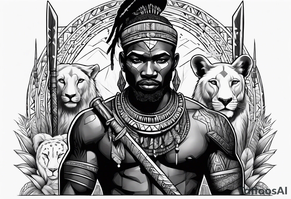 African warrior with tribe scars holding a spear with animals in the background tattoo idea