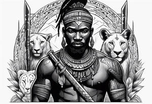 African warrior with tribe scars holding a spear with animals in the background tattoo idea