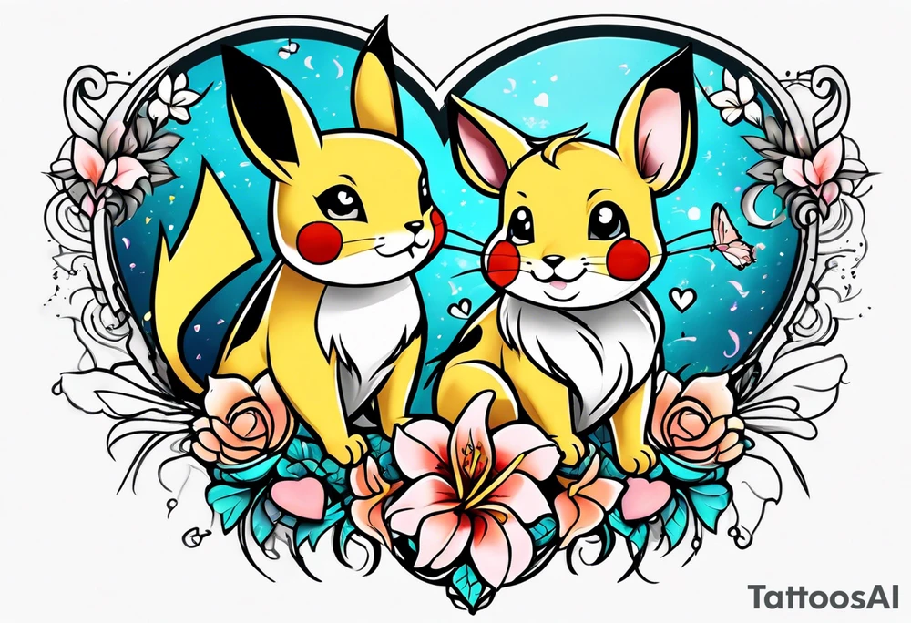 Pickachu and lioness with lilies hearts and music notes tattoo idea