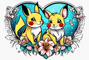 Pickachu and lioness with lilies hearts and music notes tattoo idea