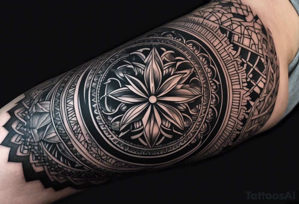 A tattoo sleeve that is based around greek mythology. Masculine with dark shading and contrast, ordered mandala effect tattoo idea