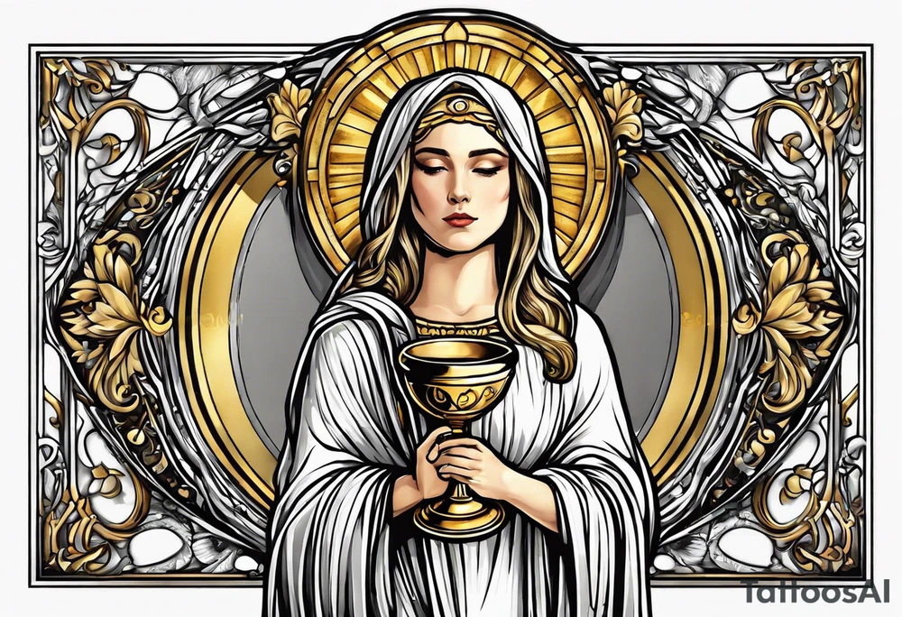 holy saint woman turned away with golden halo holding a chalice tattoo idea