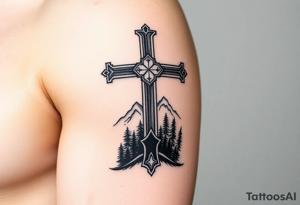 russian orthodox cross with the diagonal line at the bottom with a light forrest with a light mountainous setting tattoo idea