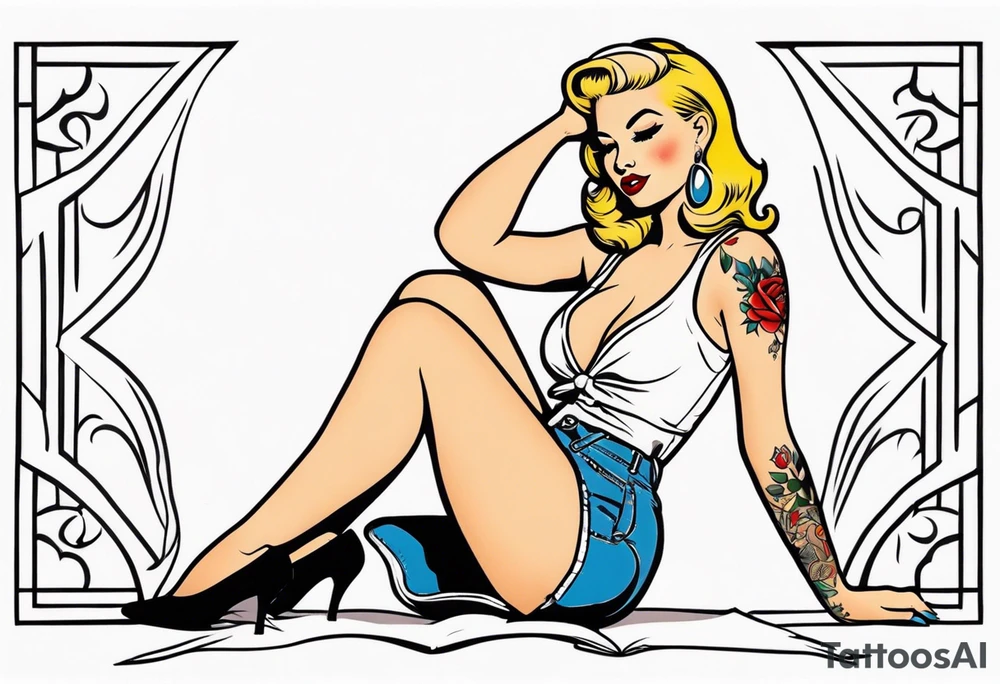 American Traditional pinup girl sitting with blonde hair tattoo idea