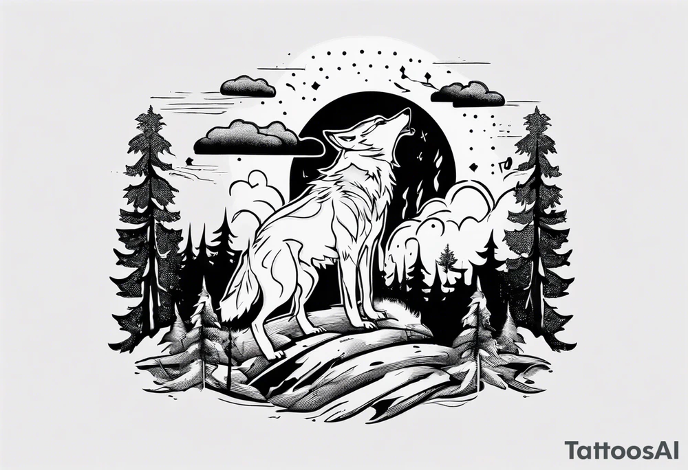 thunderstorm over a forest with a wolf howling on drums tattoo idea thunderstorm over a forest with a wolf howling on drums tattoo idea