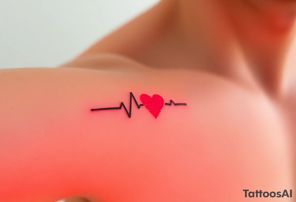 A heartbeat line with a small, minimalist pixelated heart on the end, glowing in red with a subtle digital glitch effect. tattoo idea