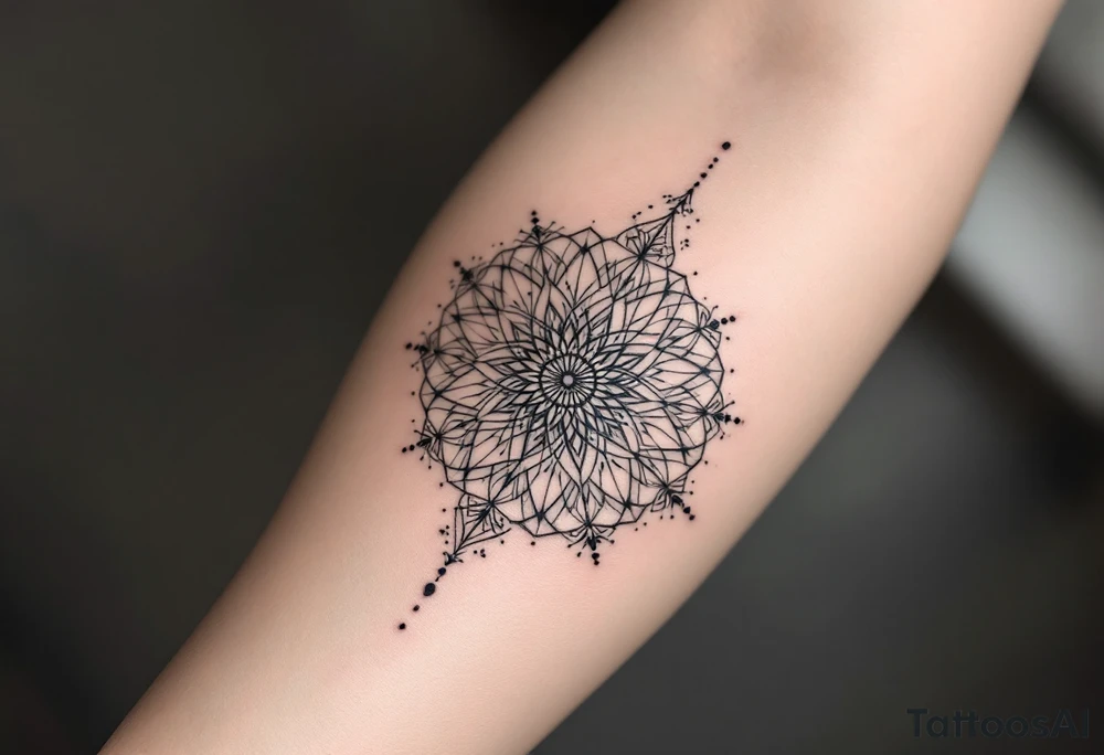 simple, minimalist tattoo, sacred geometry mandala, centerpiece design, dotwork patterns, radiating geometry, symmetrical mandala, geometric shapes, intricate dotwork, sacred patterns, mandala center, geometric radiating, fine line work, black grey shading, minimalist design, no outlines, arm placement, delicate linework, precise geometry, clean symmetry, sacred symbols, geometric precision, dotwork details, mandala focal point, refined patterns, understated complexity, geometric harmony, minimalist tattoo idea